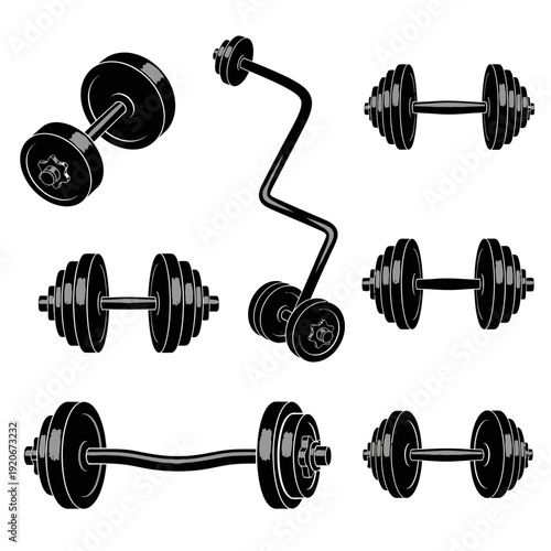 Collection of Black and White Dumbbells and Barbells for Weightlifting and Fitness