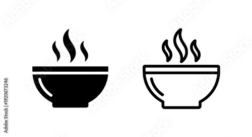 Steaming bowl icon, hot food symbol in solid and outline styles, comfort food illustration
