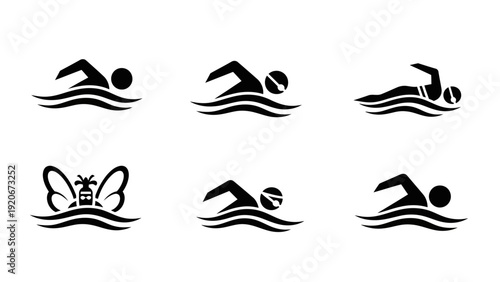 Collection of Black and White Swimming Icons and Symbols on White Background