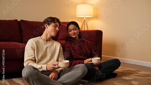 Two friends sitting on floor with coffee cups in cozy living room with warm lighting