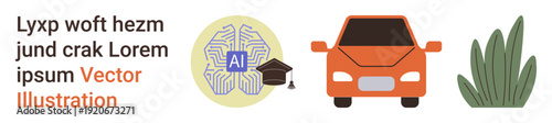 Artificial intelligence, education, automotive design, smart transportation, natural environment, digital learning. Features AI chip with graduation cap, car graphic and leafy plant. Artificial