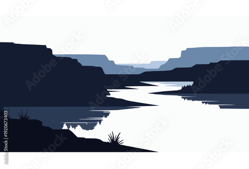 Lake Kaw Reservoir Sunset Silhouette Vector Scene with Trees and Water Reflection