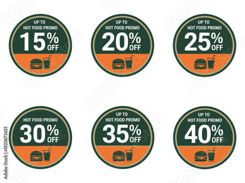 A set of promotional labels featuring discounts on food products displayed for advertising purposes
