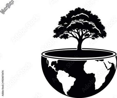 World ecology and reforestation concept with a tree growing on top of a globe hemisphere showing map continents. Global environmental protection and earth day symbol. Black silhouette vector.