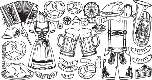 Beer and beer snacks hand drawn doodle style seamless pattern. Oktoberfest concept background for fabric or apparel
