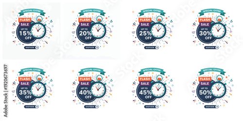 A promotional advertising label set featuring various discount percentages on clocks displayed prominently