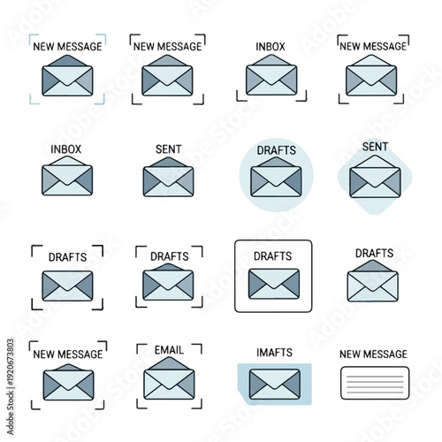 Email icons set with inbox sent drafts and new message