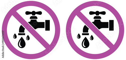 No water tap sign icon, prohibited faucet with drops, vector illustration representing water restriction, conservation, and responsible usage, warning signage for public areas, environmental awareness
