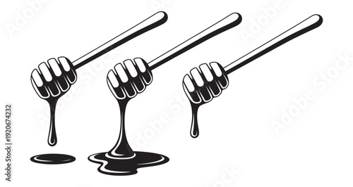 Vector monochrome set of three spoons with honey, dripping food illustration, kitchen utensil icon collection