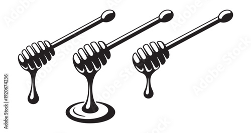 Monochrome vector set of three spoons, dripping honey illustration, kitchen utensil and food design collection