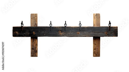 Wooden coat rack with six metal hooks, rustic style, dark brown color, isolated on transparency background, vintage home decor, sturdy and practical, evokes cozy and nostalgic feeling