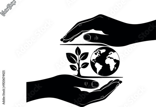 Modern environmental protection icon with hands guarding a young plant and the earth globe. Concept of nature conservation and ecological balance for sustainable future. Silhouette vector.