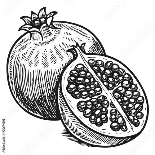 Detailed black and white illustration of a whole pomegranate and its halved counterpart showcasing seeds and texture