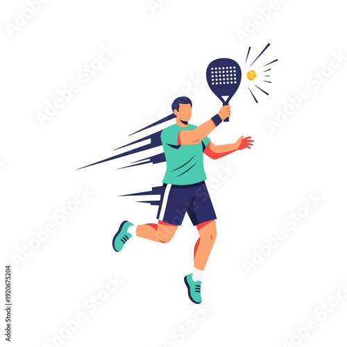 Man playing padel tennis, jumping and hitting ball with racket, dynamic action shot