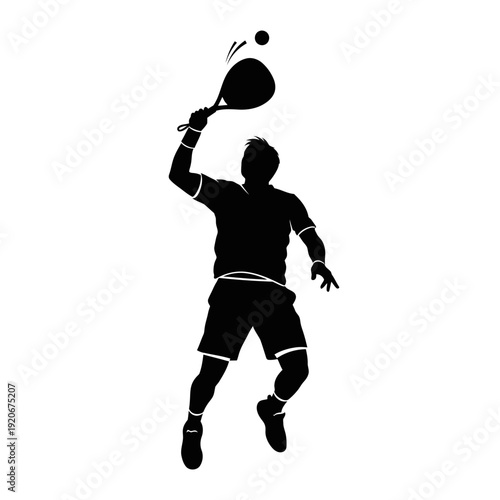 Silhouette of a man playing padel tennis, jumping and hitting the ball