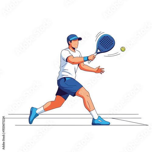 Man playing padel tennis, hitting the ball with a racket on a court, dynamic action shot