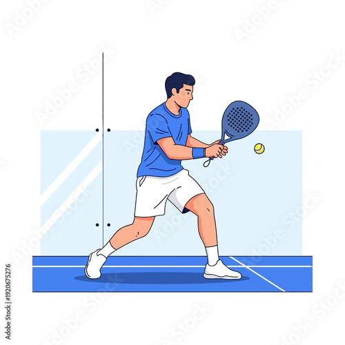 Man playing padel tennis on court, hitting ball with racket, active sport lifestyle