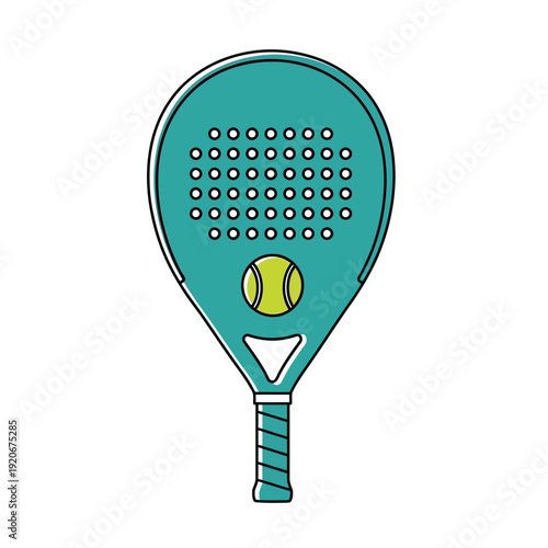 Teal Padel Racket with Yellow Ball and White Dots on White Background