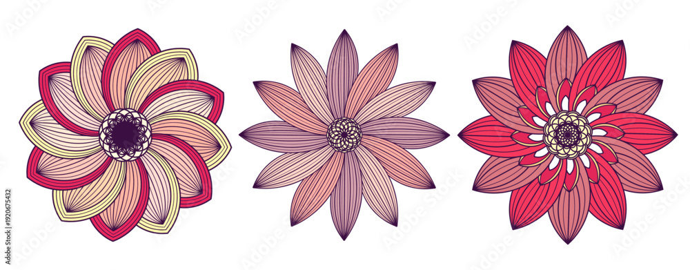 Fototapeta premium Hand drawn set of flower head. Decorative colorful cute doodle sketch illustration. Abstract spring vector elements isolated on white background. Floral blooming flower for design card, invitation