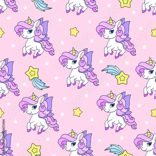 Seamless pattern with white unicorns and stars on a pink background. Suitable for children's fabric design, wallpaper, backdrops, scrapbooking, wrapping paper, etc. Vector