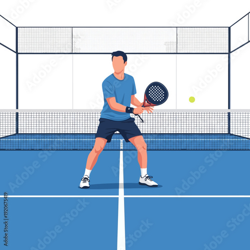 Man playing padel tennis on a blue court, hitting the ball with a racket