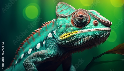 Green colored chameleon close up. 