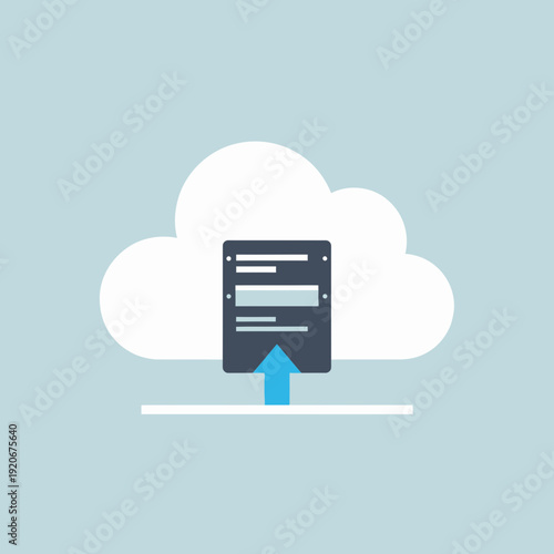 Cloud storage server icon with an upward arrow on a cloud background.