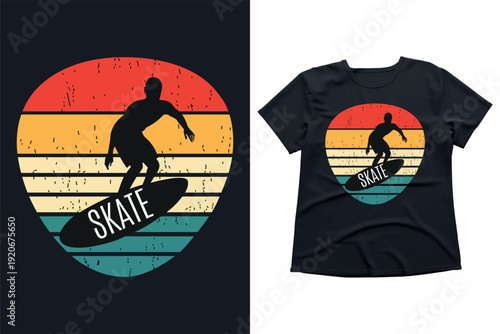 Skateboarder silhouette at sunset, retro vintage 70s 80s style, distressed t-shirt design, skate culture graphic, urban street sport, California summer vibes, vector illustration