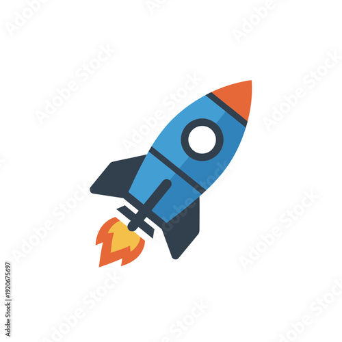 Cartoon-style rocket with flames, ascending diagonally upward.
