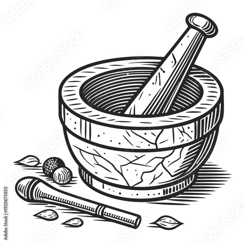 A traditional mortar and pestle, ancient kitchen tool, surrounded by ingredients and grinded items, illustration, studio shot