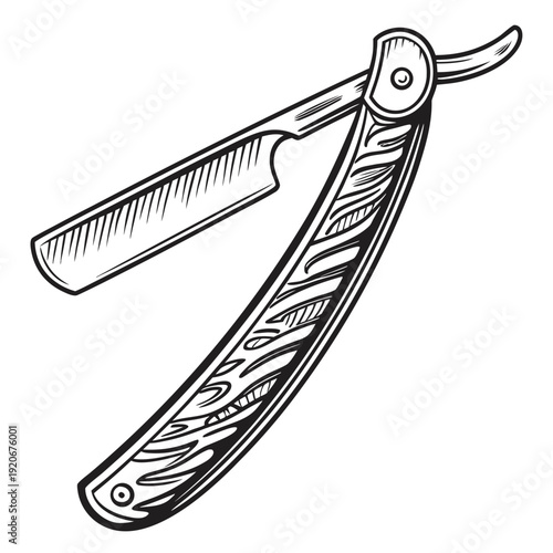 A straight razor is depicted in a detailed illustration with intricate designs on its handle and blade open.