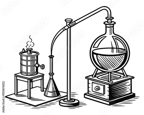 Wallpaper Mural A laboratory setup with equipment for distillation process including a flask and condenser on a stand Torontodigital.ca