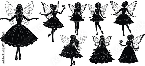 A collection of eight fantasy fairy silhouettes featuring wings and various elegant dresses