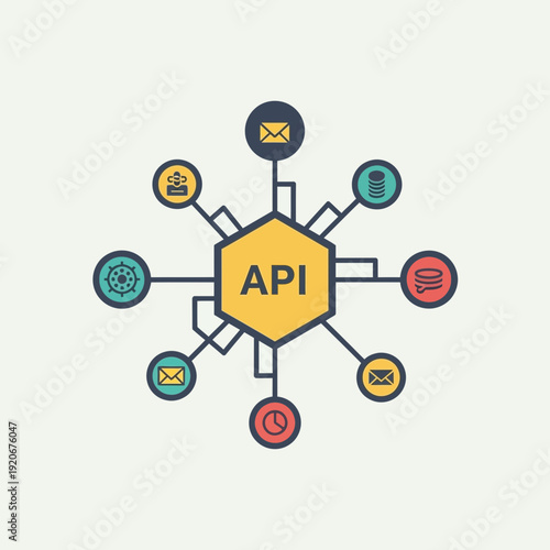 Illustration of an API surrounded by various interconnected icons representing data and communication.
