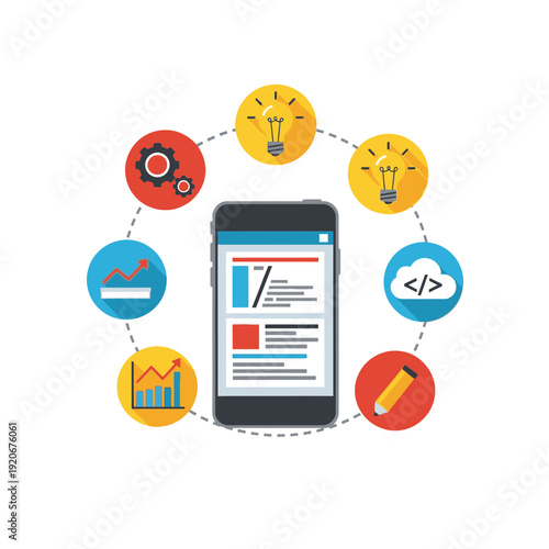 Smartphone displaying a news feed surrounded by icons representing ideas, analytics, and coding.