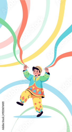 Joyful Child Dancing with Colorful Ribbons Against a Bright Background Expressing Celebration and