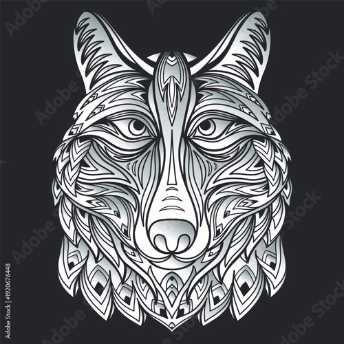 Hand drawn stylized design of wolf head. Abstract ethnic ornament with predatory tribal animal. Decorative detailed logo, emblem, mascot. Vector sketch illustration isolated on dark blue background