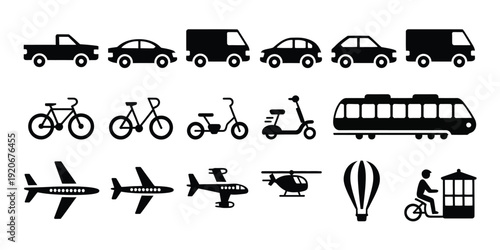 A collection of various transportation icons on a white background