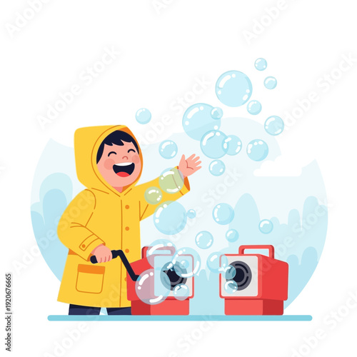 Joyful Child Engaged In Bubble Machine Fun Outdoor Activity