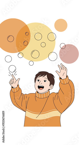 Joyful Child Interacting with Floating Bubbles and Abstract Shapes