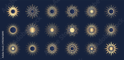 Golden mystical Sun, sunburst, light rays. Bohemian bursting sun rays, spiritual celestial space, astrology sign, astronomy symbol. Magic talisman, tarot. Vector set illustration on blue background