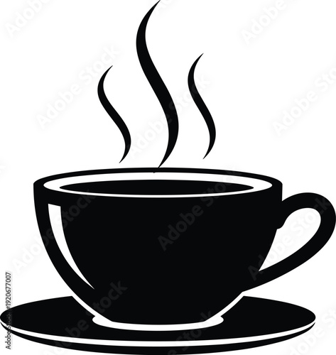 Hot coffee cup silhouette isolated on white background, steaming beverage symbol illustration, cafe drink vector design concept