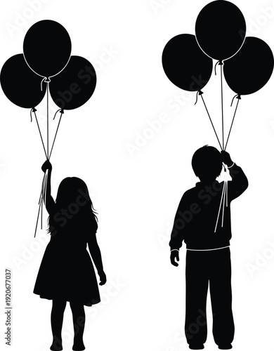 Children holding balloons silhouette isolated on white background, happy kids celebration illustration, playful childhood vector design concept