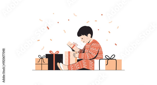 Joyful Child Unwrapping Gifts Surrounded By Festive Confetti And Presents