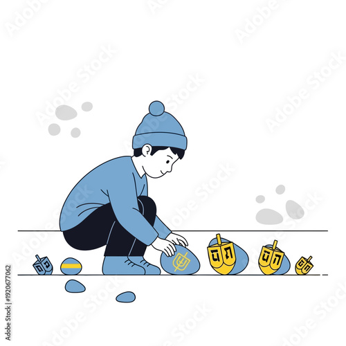 Joyful Child Plays With Dreidels During Hanukkah Celebrations Outdoor