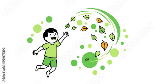 Joyful Child Reaching For Autumn Leaves And Bubbles