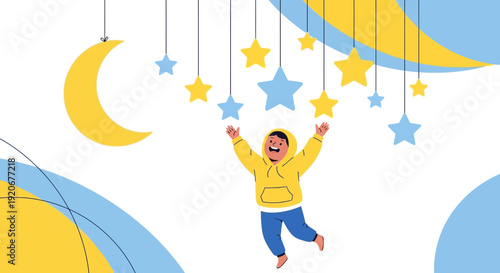 Joyful Child Reaching For Falling Celestial Ornaments In Dreamlike Sky