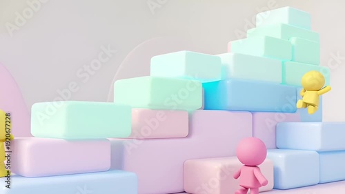 Three colorful characters building a structure with pastel blocks in a playful video scene
