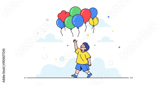 Joyful Child Reaching For Floating Balloons In A Whimsical Sky