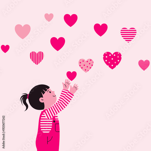 Joyful Child Reaching For Hearts Symbolizing Love And Dreams Floating Upwards